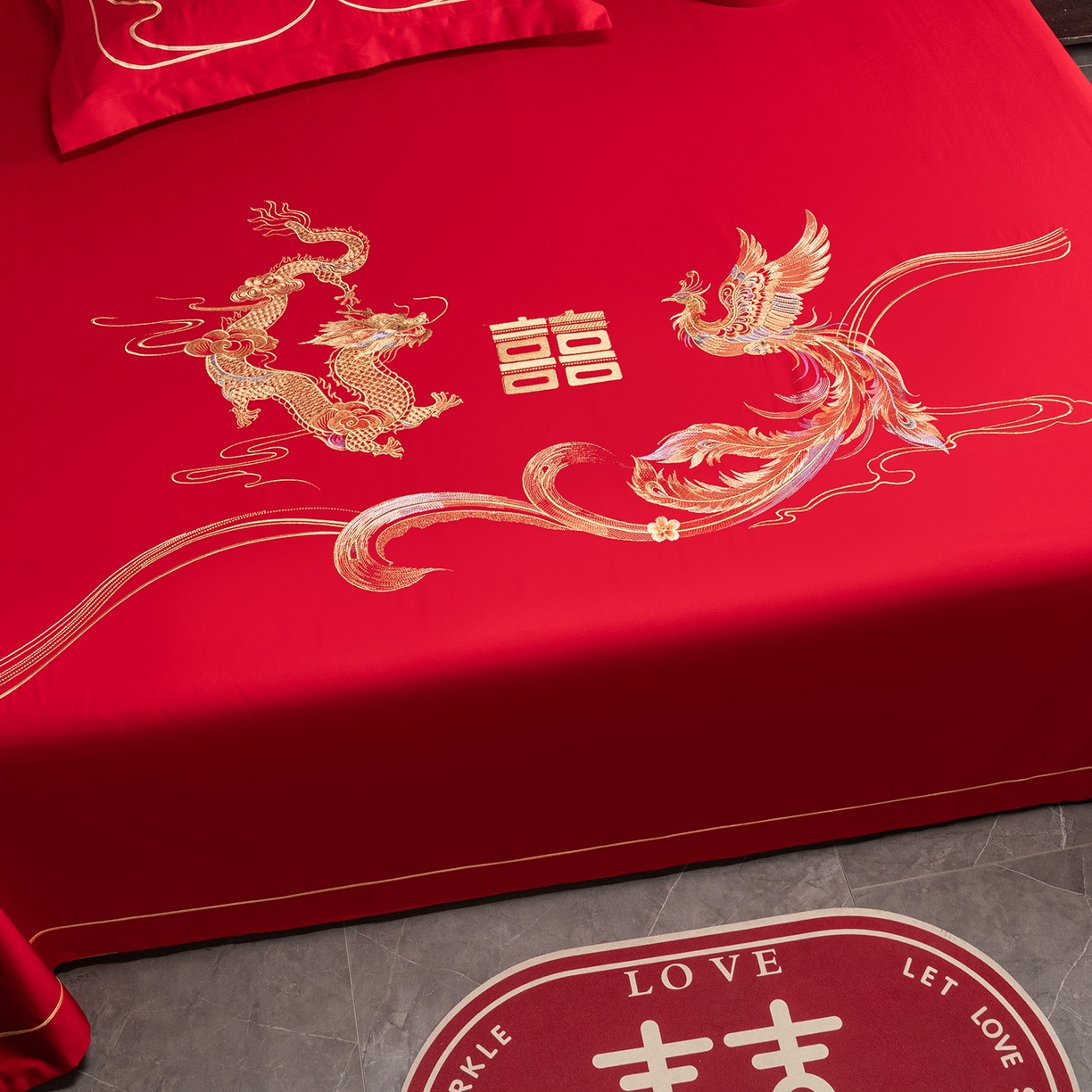 91家纺网 家纺一手货源 找家纺 千禧家纺 2026新款长绒棉绣花婚庆三件套 龙凤纳喜