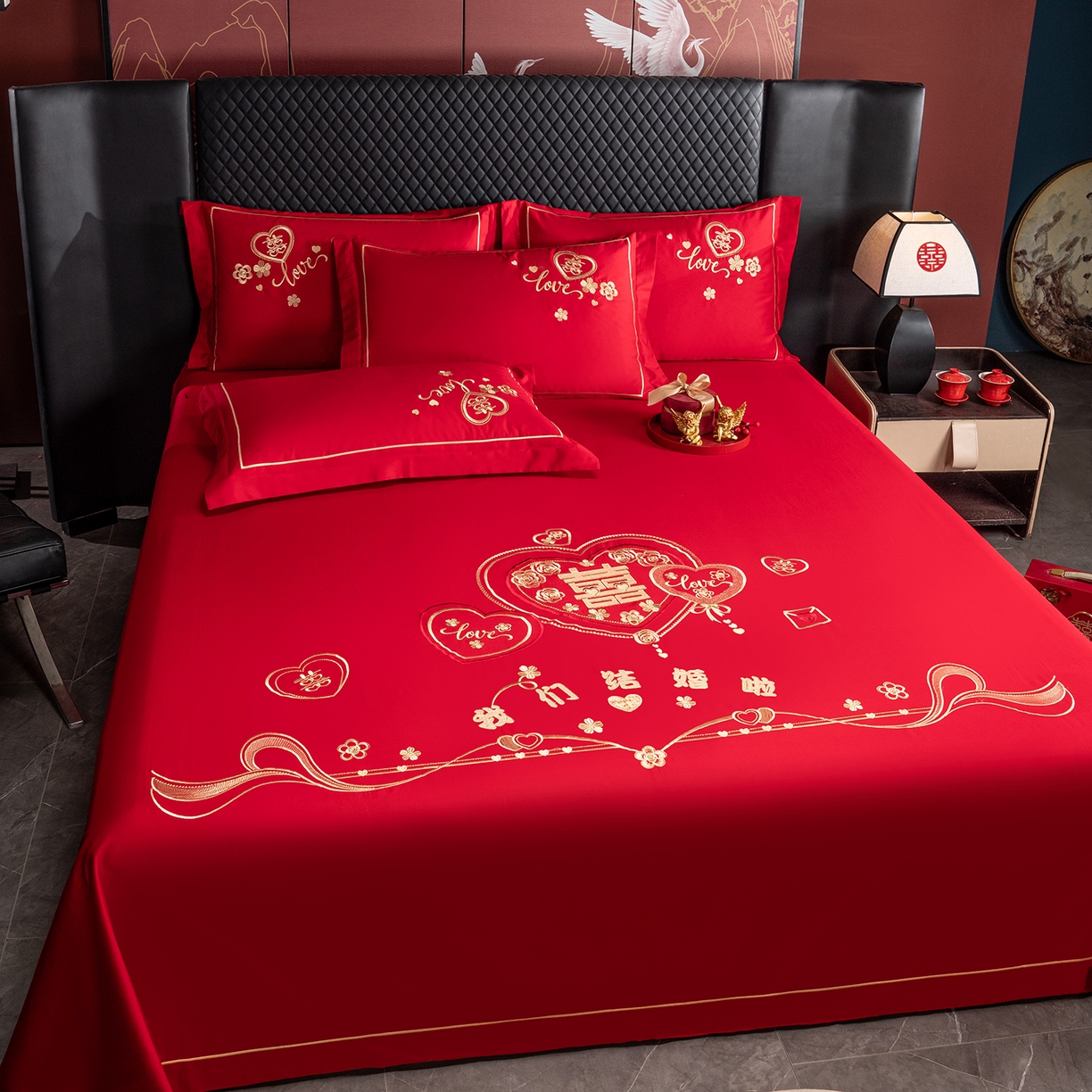 91家纺网 家纺一手货源 找家纺 千禧家纺 2026新款长绒棉绣花婚庆三件套 我们结婚啦