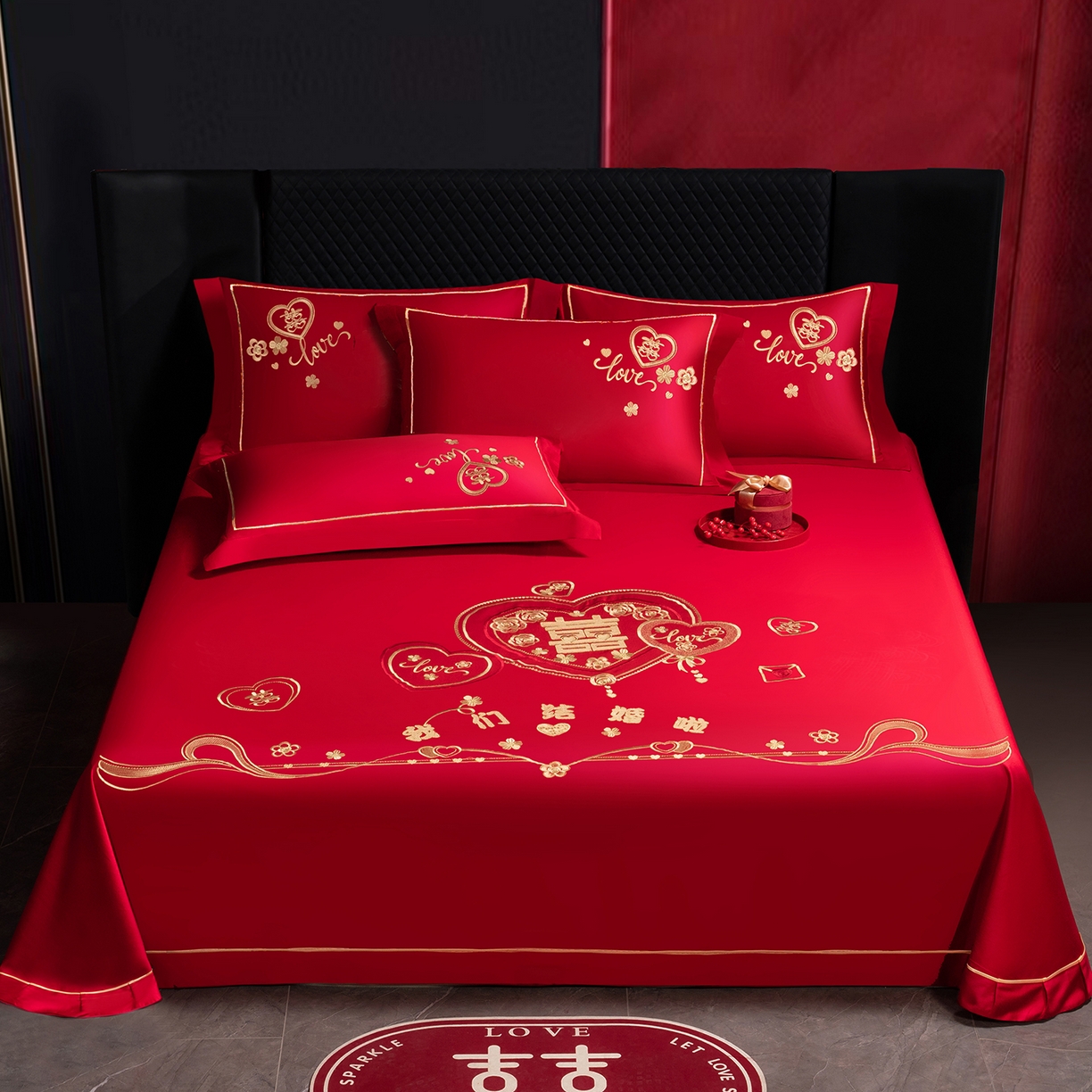 千禧家纺 2026新款长绒棉绣花婚庆三件套 我们结婚啦