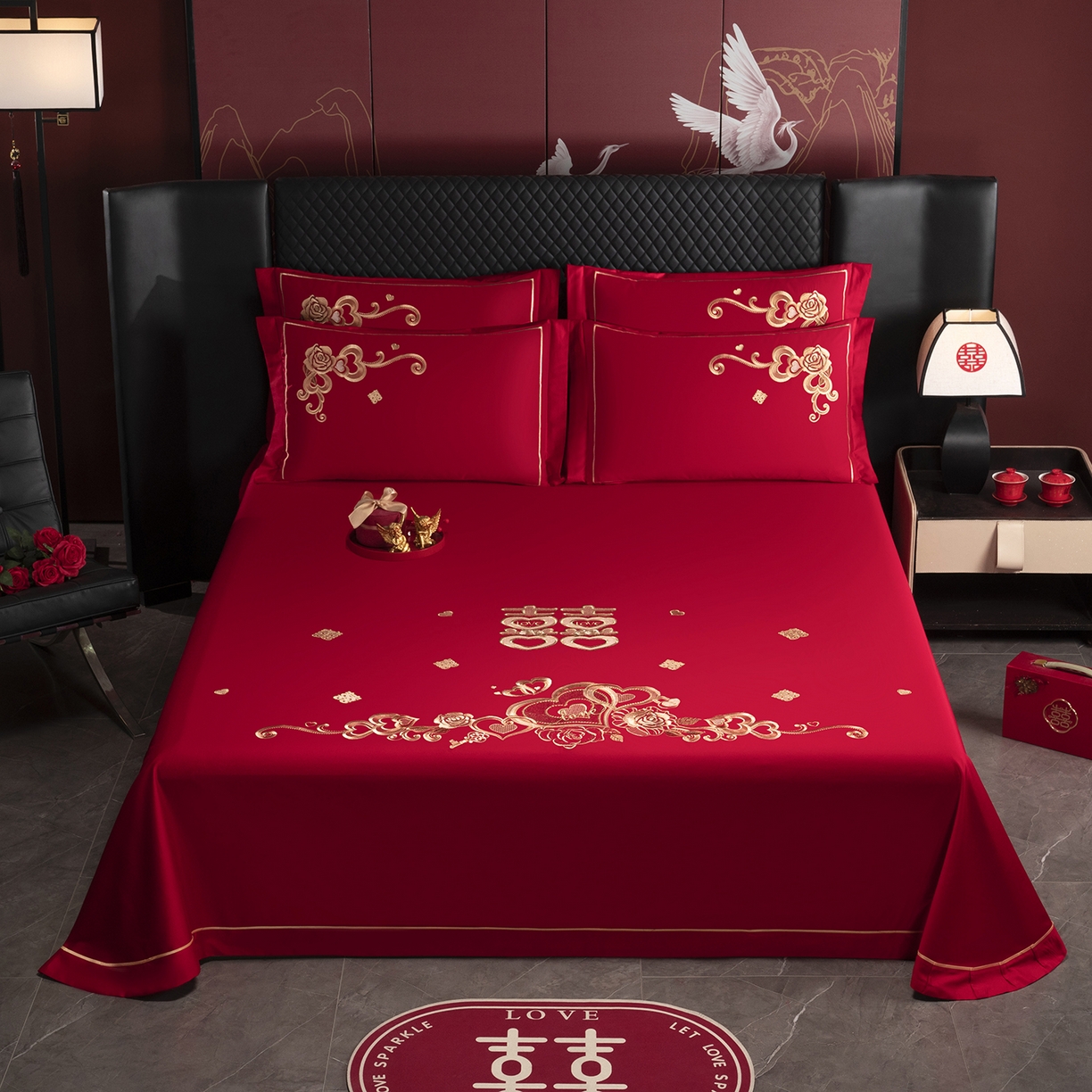 千禧家纺 2026新款长绒棉绣花婚庆三件套 心恋玫瑰