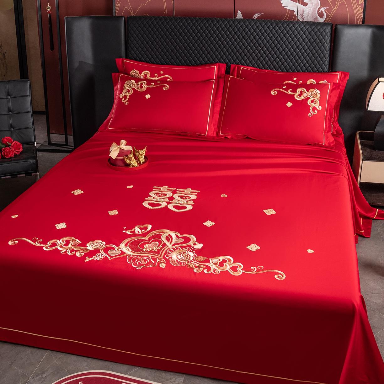 91家纺网 家纺一手货源 找家纺 千禧家纺 2026新款长绒棉绣花婚庆三件套 心恋玫瑰