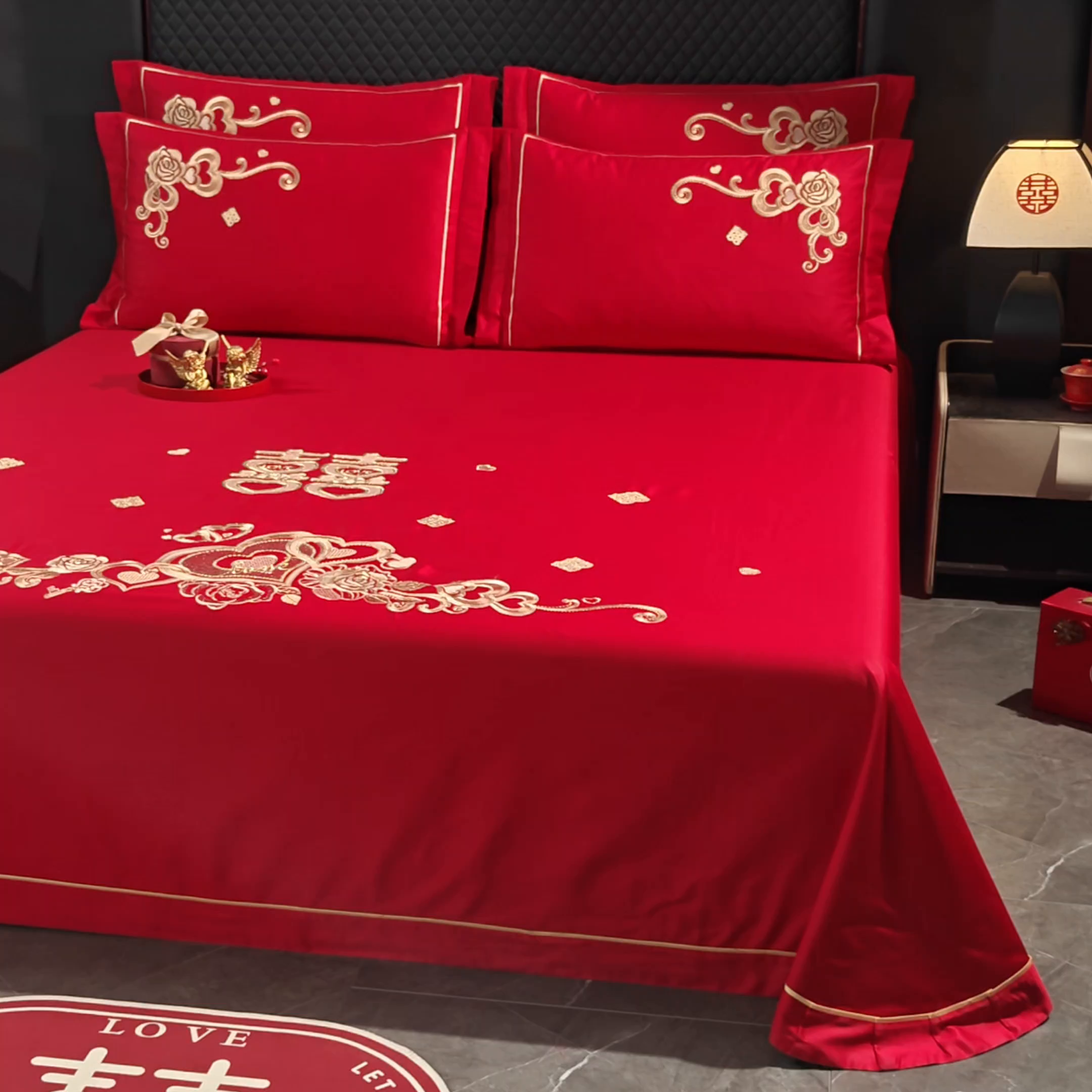 91家纺网 家纺一手货源 找家纺 千禧家纺 2026新款长绒棉绣花婚庆三件套 心恋玫瑰