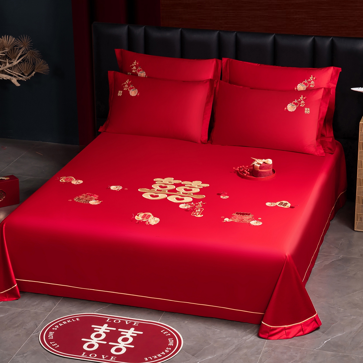 91家纺网 家纺一手货源 找家纺  千禧家纺 2026新款长绒棉绣花婚庆三件套 新婚喜乐