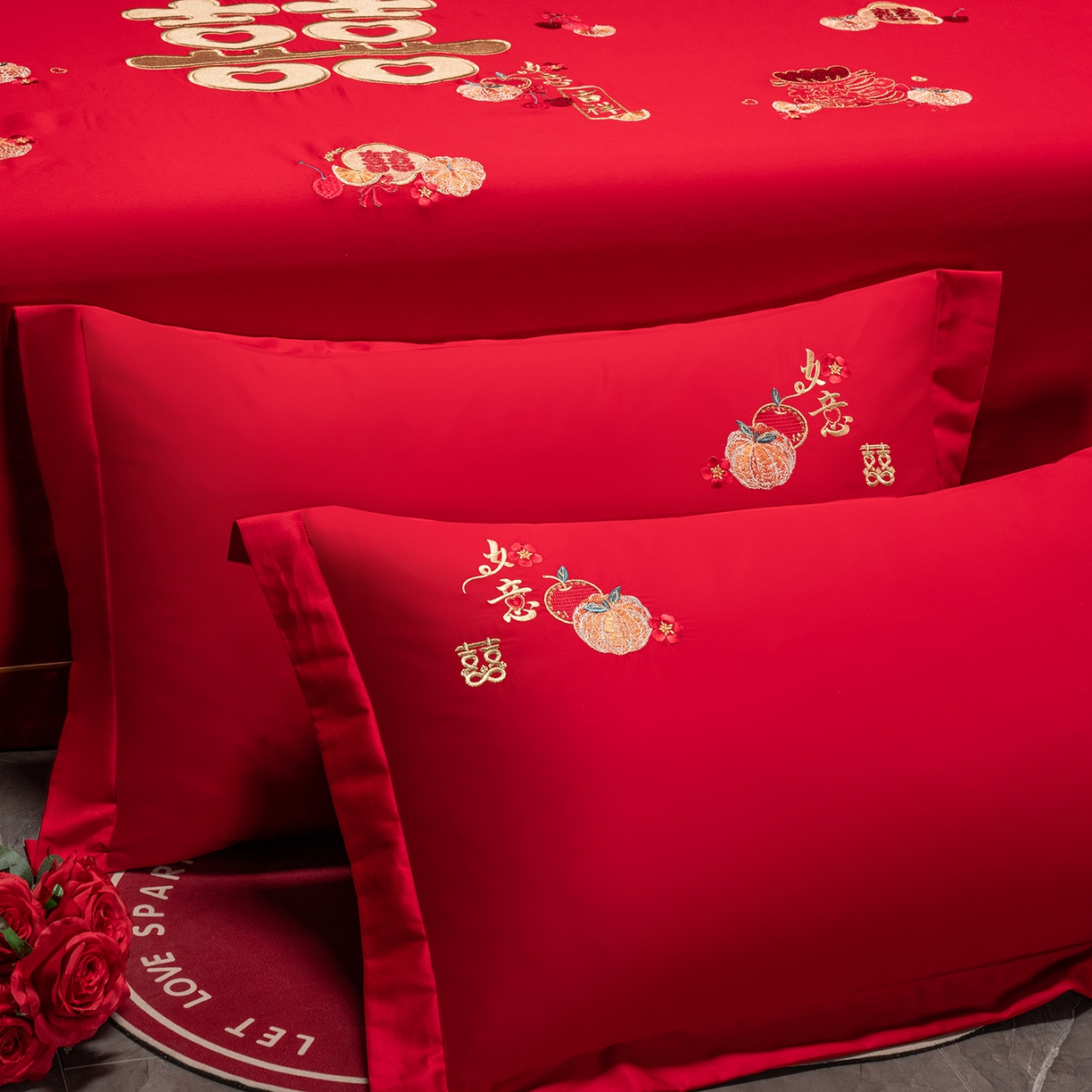 91家纺网 家纺一手货源 找家纺  千禧家纺 2026新款长绒棉绣花婚庆三件套 新婚喜乐