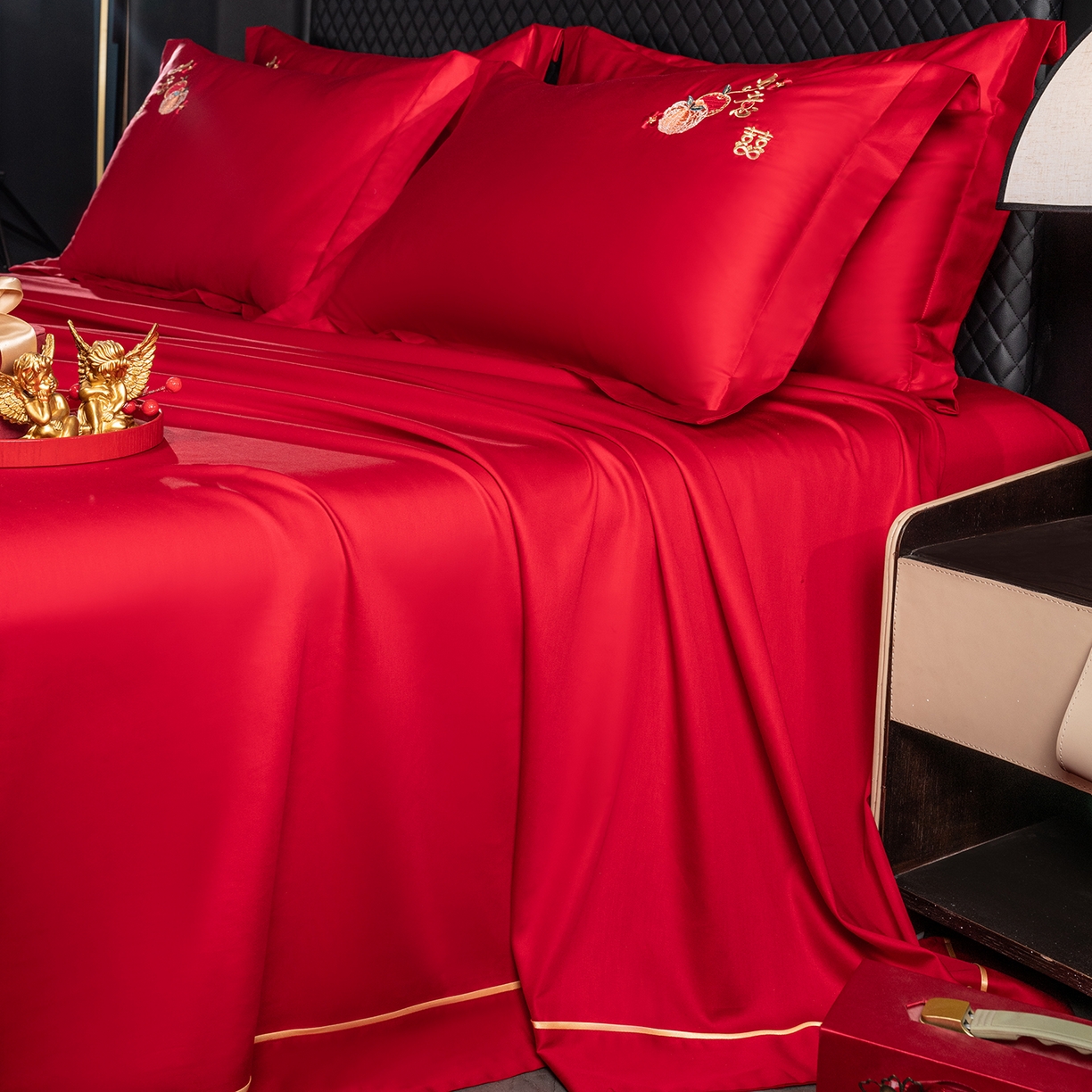 91家纺网 家纺一手货源 找家纺  千禧家纺 2026新款长绒棉绣花婚庆三件套 新婚喜乐