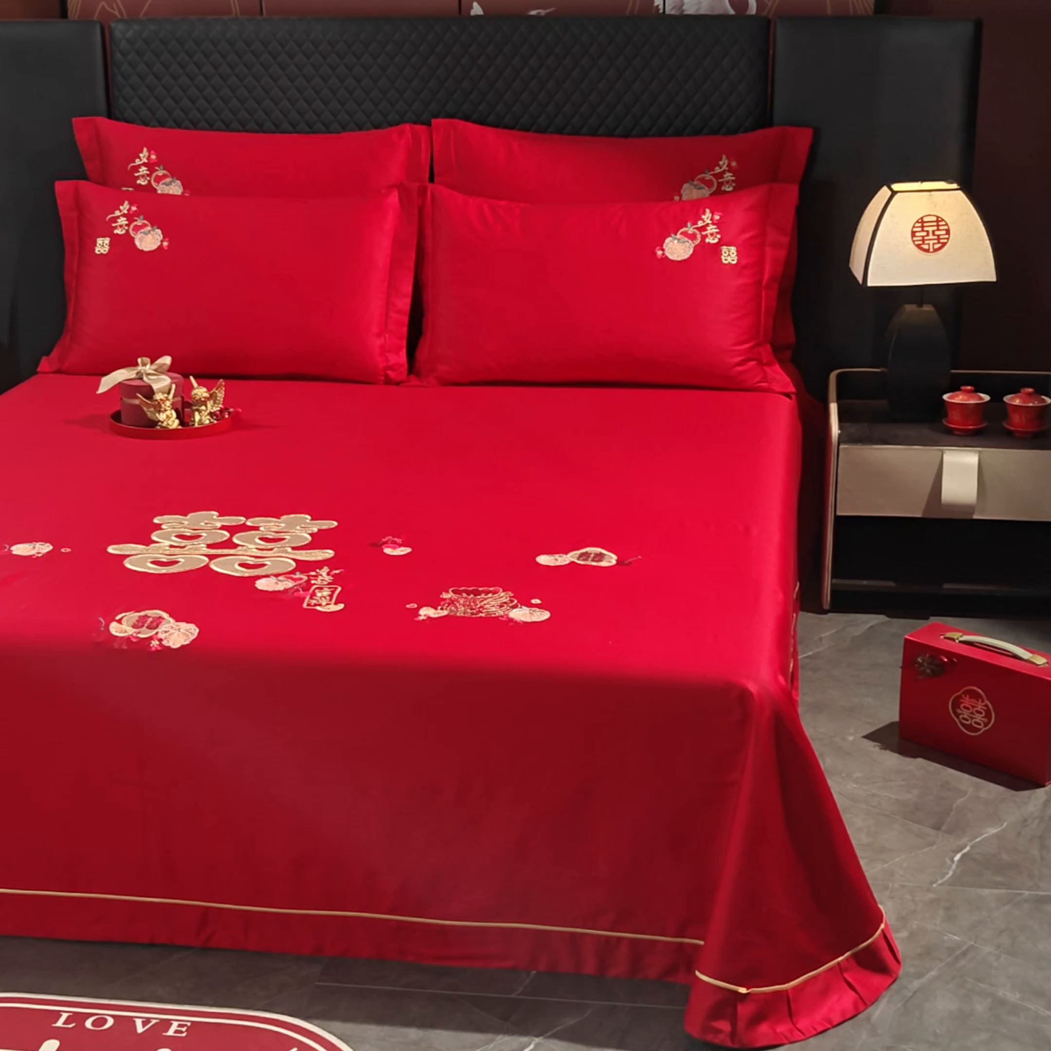 91家纺网 家纺一手货源 找家纺  千禧家纺 2026新款长绒棉绣花婚庆三件套 新婚喜乐