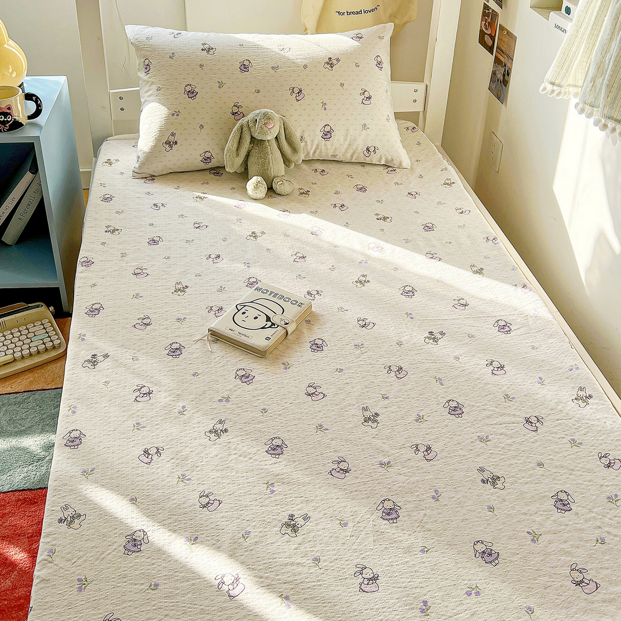 91家纺网 家纺一手货源 找家纺 纽缦家纺 2026新款云感提花双层纱学生床笠 裙子小兔