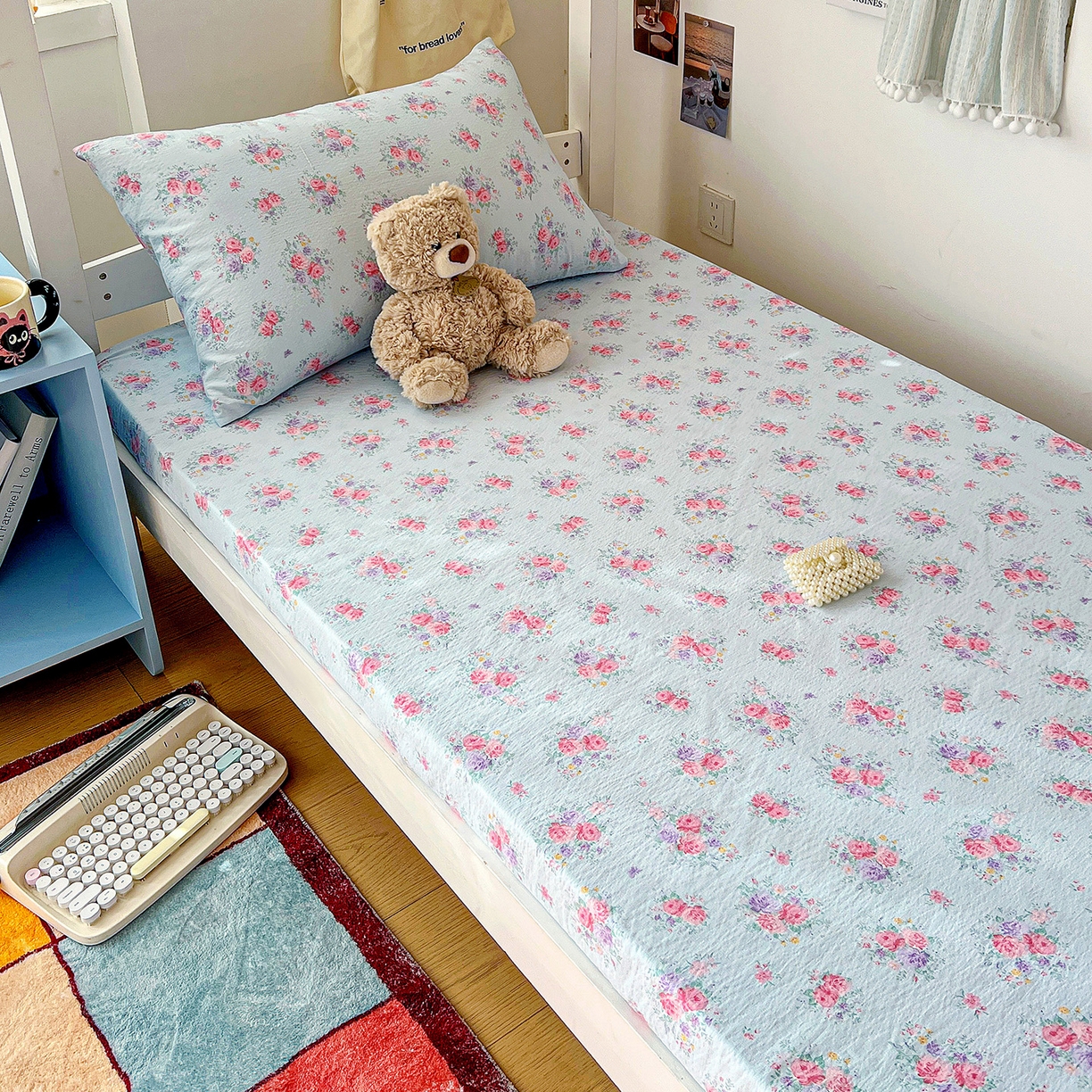 纽缦家纺 2026新款云感提花双层纱学生床笠 清风与雾蓝