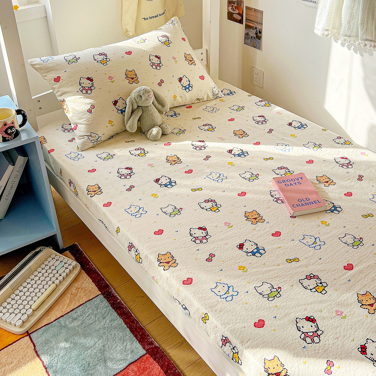 纽缦家纺 2026新款云感提花双层纱学生床笠 像素小猫