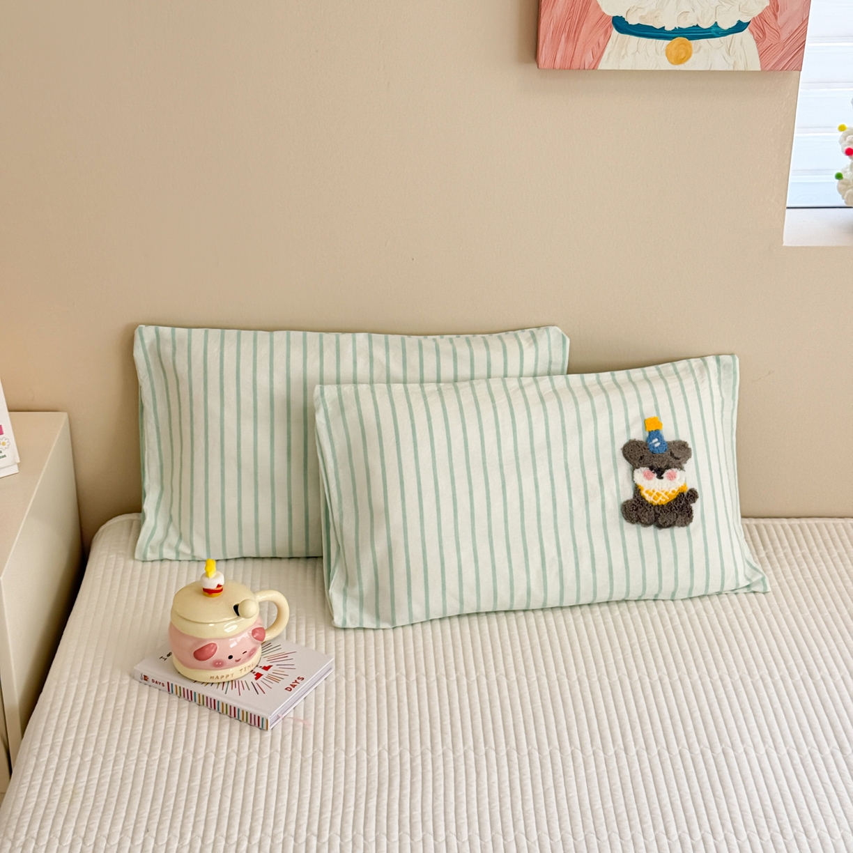 慕尚 2026新款色织水洗棉毛巾绣枕套 多米 绿条纹