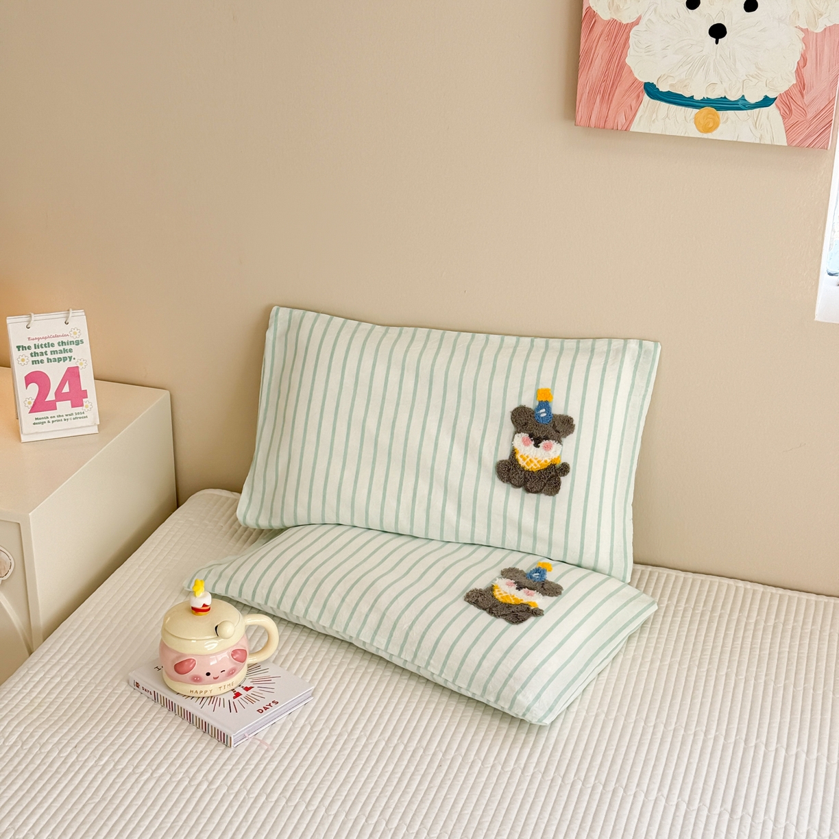 91家纺网 家纺一手货源 找家纺 慕尚 2026新款色织水洗棉毛巾绣枕套 多米 绿条纹