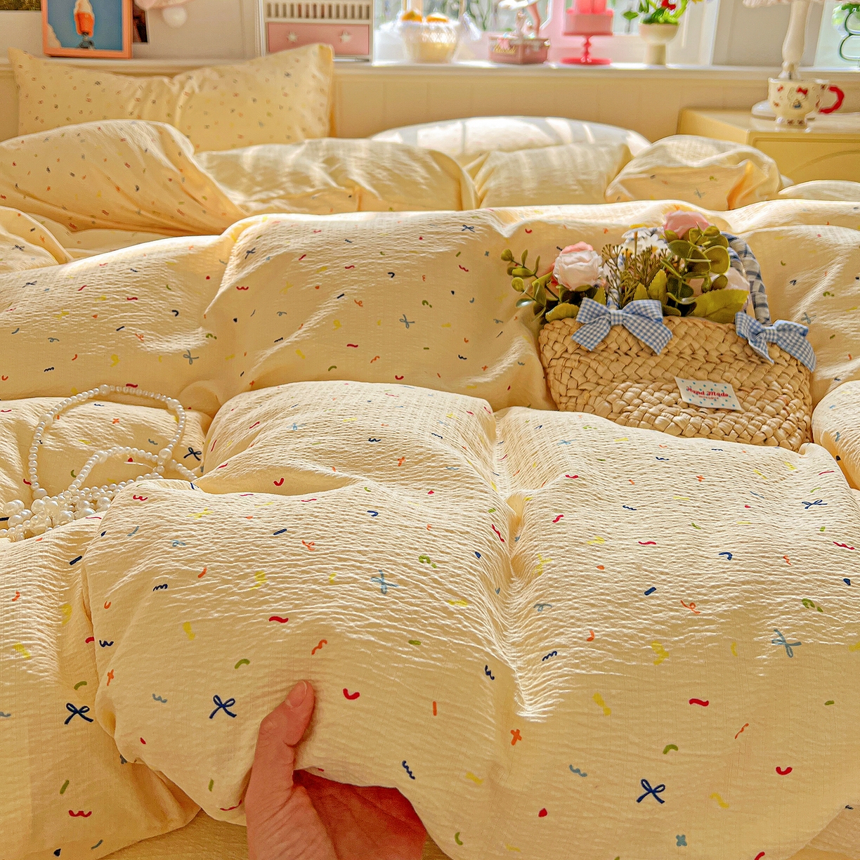 91家纺网 家纺一手货源 找家纺 仟人梦 2026新款云感双层纱印花四件套 冰淇凌