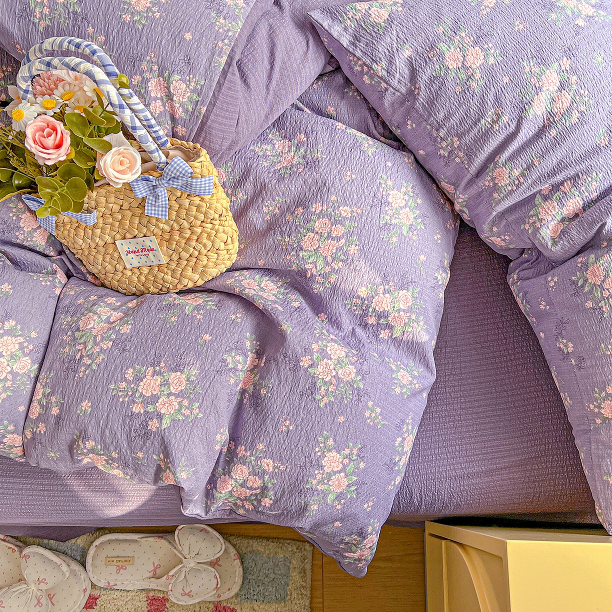 91家纺网 家纺一手货源 找家纺 仟人梦 2026新款云感双层纱印花四件套 豆蔻