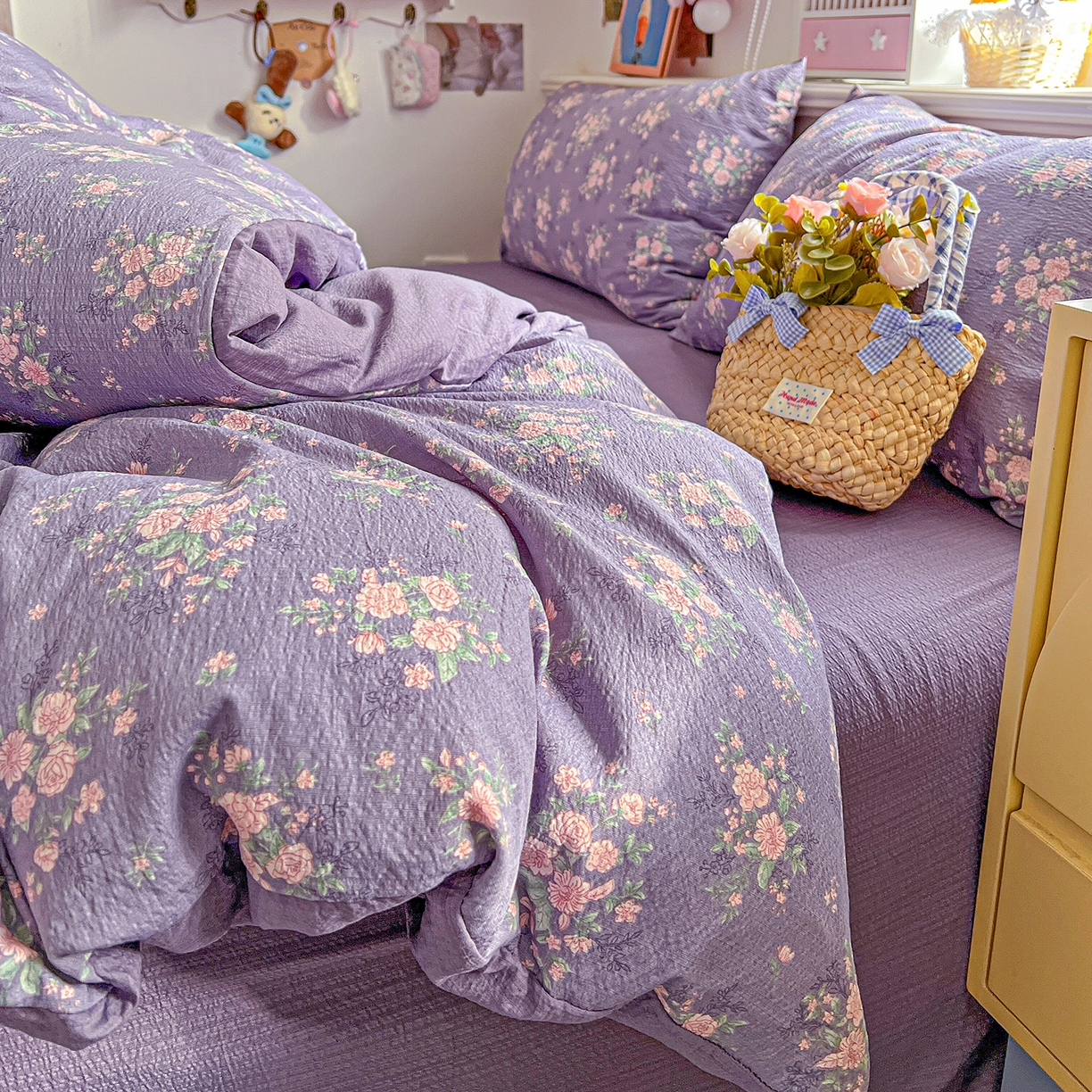 91家纺网 家纺一手货源 找家纺 仟人梦 2026新款云感双层纱印花四件套 豆蔻