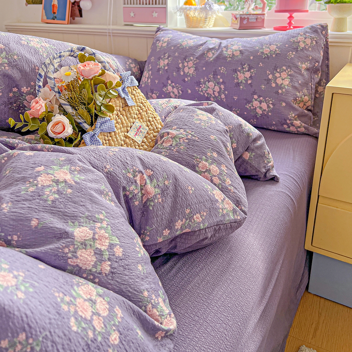 91家纺网 家纺一手货源 找家纺 仟人梦 2026新款云感双层纱印花四件套 豆蔻