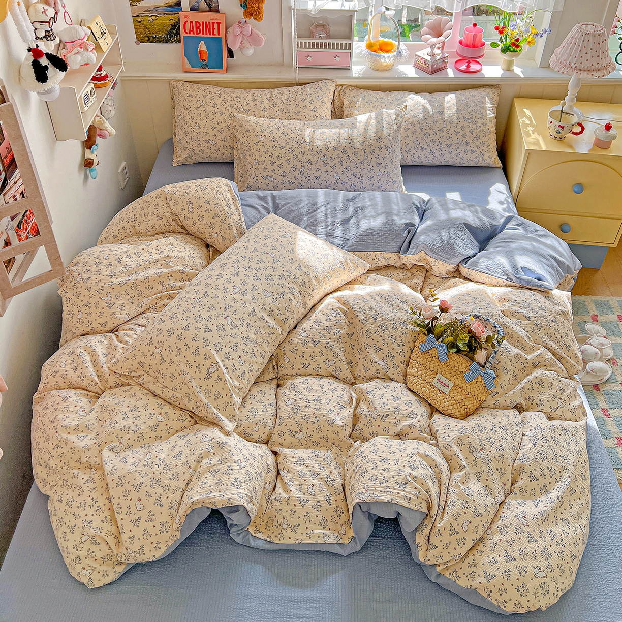 91家纺网 家纺一手货源 找家纺 仟人梦 2026新款云感双层纱印花四件套 花园兔