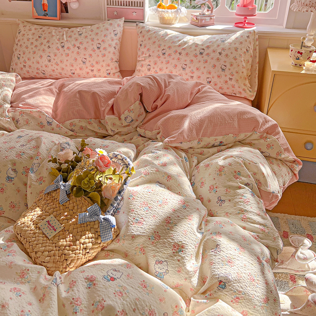 91家纺网 家纺一手货源 找家纺 仟人梦 2026新款云感双层纱印花四件套 凯迪猫