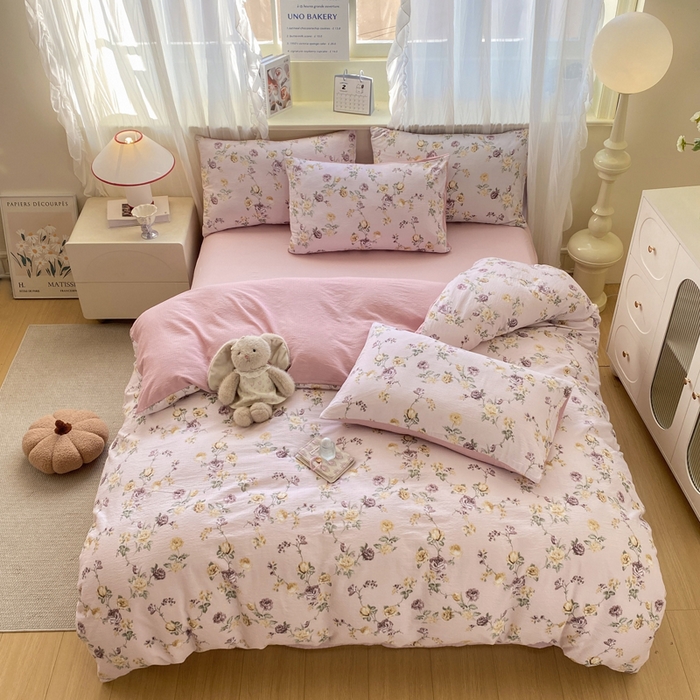 91家纺网 家纺一手货源 找家纺 （总）红日子纺织品  2026春夏新款云感小清新皱皱纱四件套