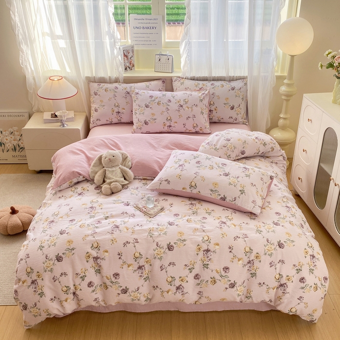 91家纺网 家纺一手货源 找家纺 （总）红日子纺织品  2026春夏新款云感小清新皱皱纱四件套