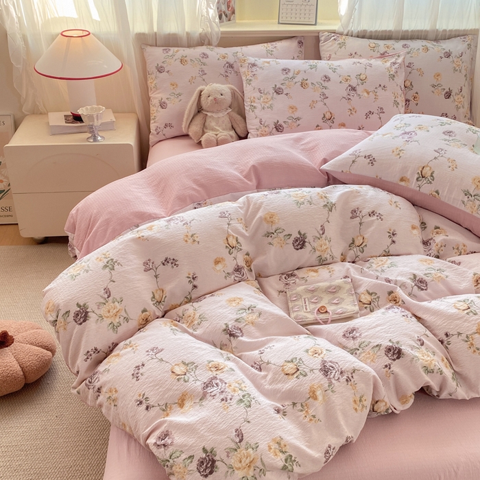 91家纺网 家纺一手货源 找家纺 （总）红日子纺织品  2026春夏新款云感小清新皱皱纱四件套