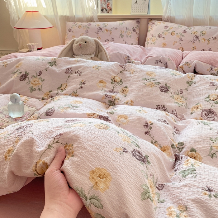 91家纺网 家纺一手货源 找家纺 （总）红日子纺织品  2026春夏新款云感小清新皱皱纱四件套