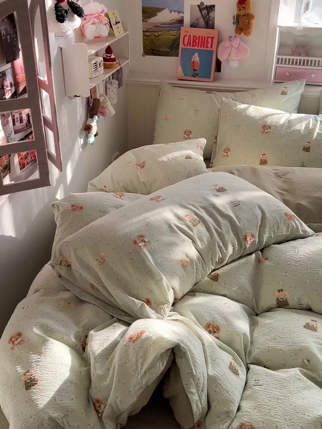 91家纺网 家纺一手货源 找家纺 仟人梦 2026新款云感双层纱印花四件套 绿色泡泡