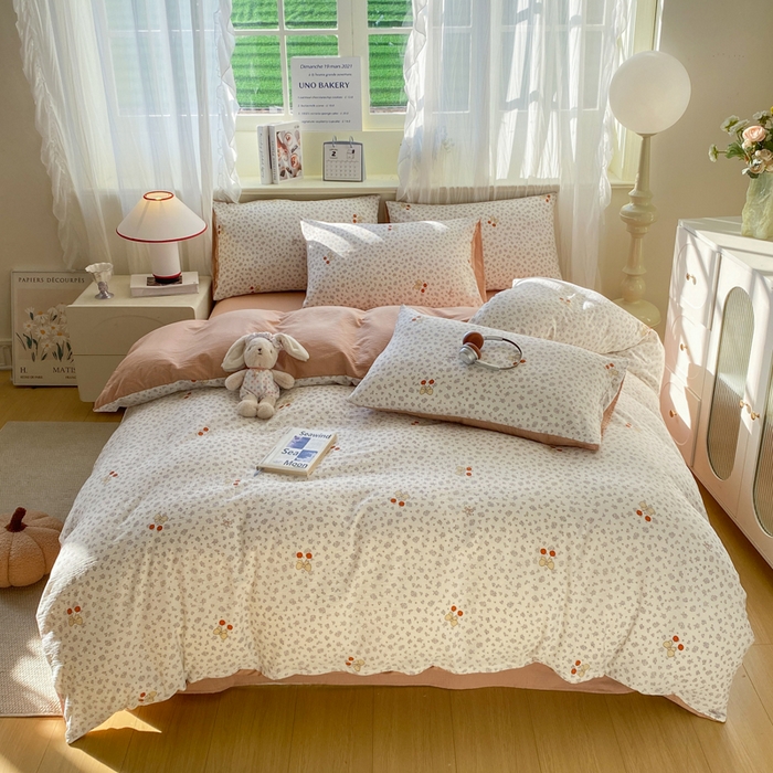 91家纺网 家纺一手货源 找家纺 红日子纺织品  2026春夏新款云感小清新皱皱纱四件套 秘密花园