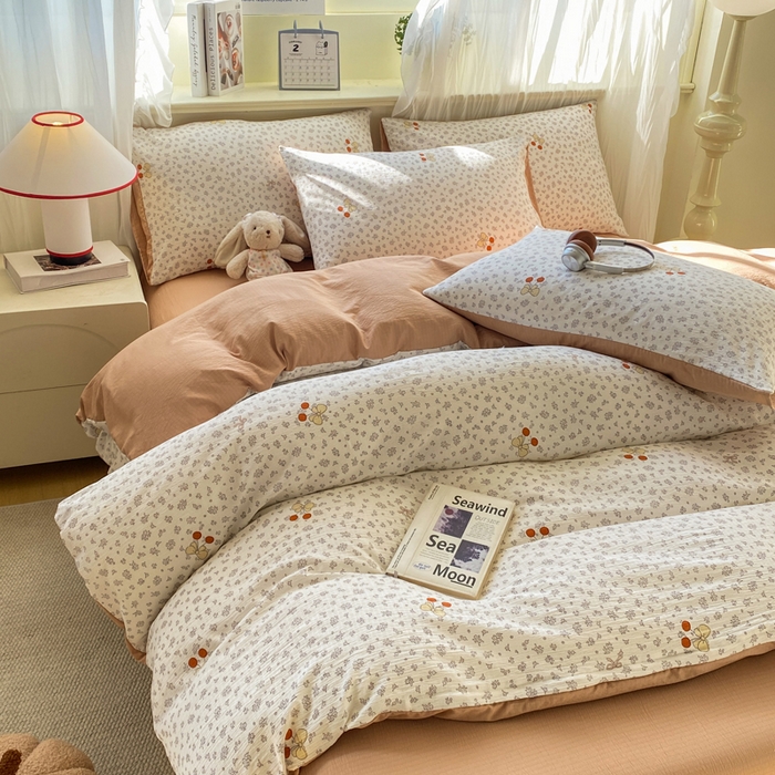 91家纺网 家纺一手货源 找家纺 红日子纺织品  2026春夏新款云感小清新皱皱纱四件套 秘密花园