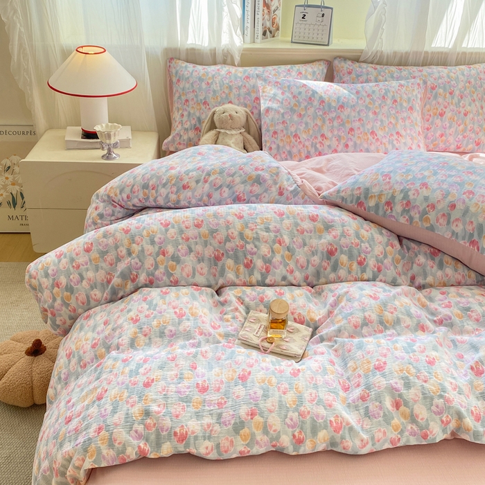 红日子纺织品 2026春夏新款云感小清新皱皱纱四件套 浓情郁金香