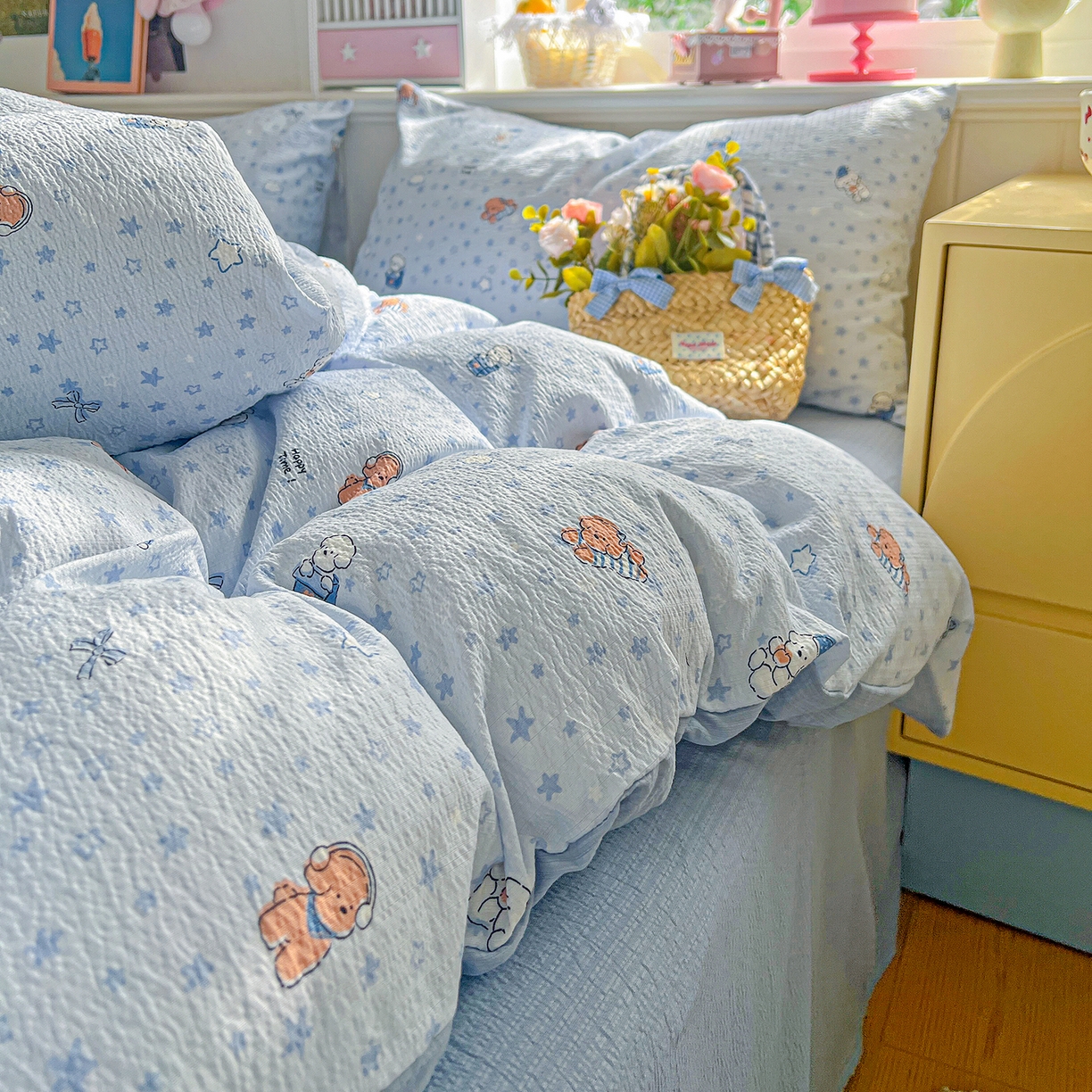 91家纺网 家纺一手货源 找家纺 仟人梦 2026新款云感双层纱印花四件套 淘气狗