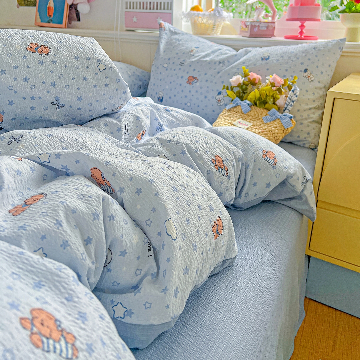 91家纺网 家纺一手货源 找家纺 仟人梦 2026新款云感双层纱印花四件套 淘气狗