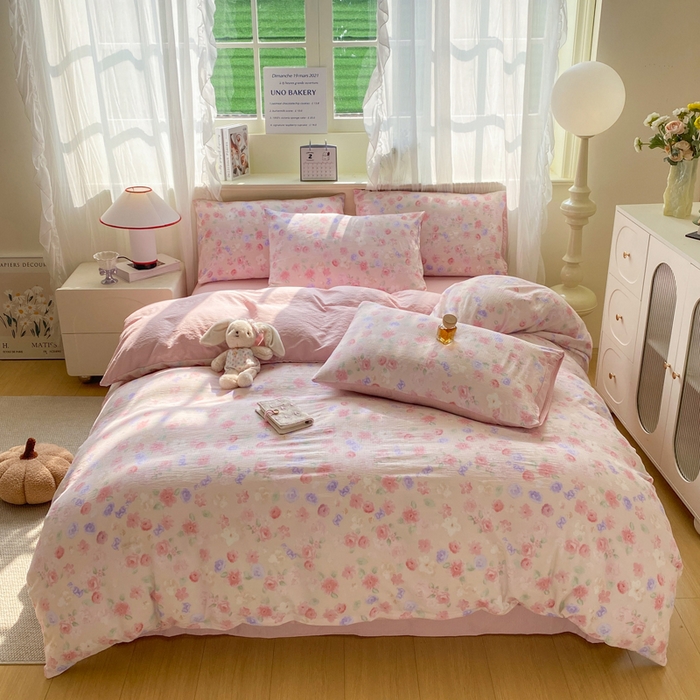 91家纺网 家纺一手货源 找家纺 红日子纺织品  2026春夏新款云感小清新皱皱纱四件套 山花烂漫