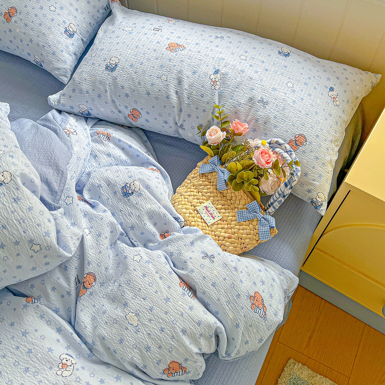 91家纺网 家纺一手货源 找家纺 仟人梦 2026新款云感双层纱印花四件套 淘气狗