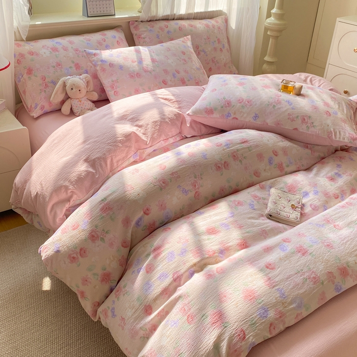 91家纺网 家纺一手货源 找家纺 红日子纺织品  2026春夏新款云感小清新皱皱纱四件套 山花烂漫