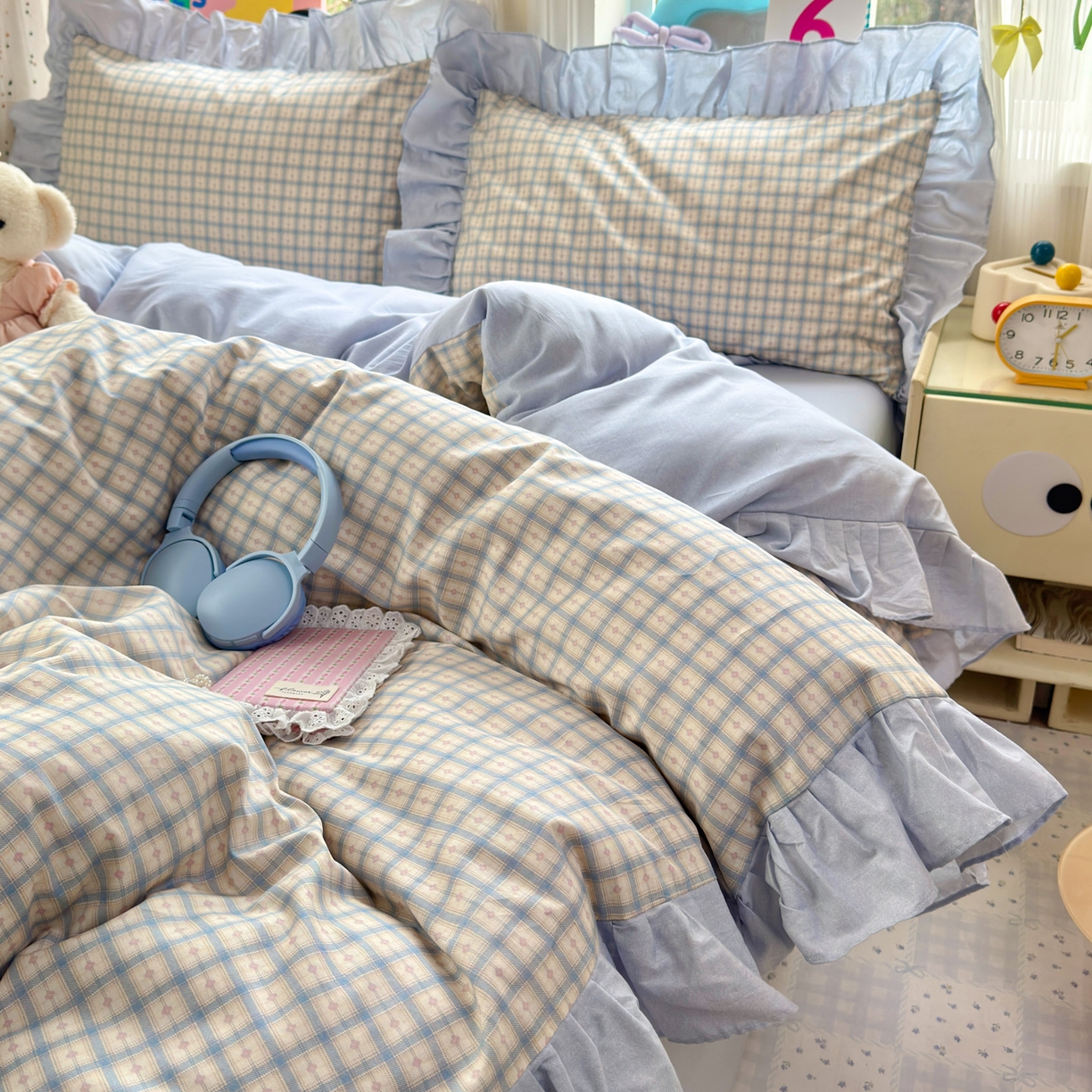 91家纺网 家纺一手货源 找家纺 乐童家纺 2026新款全棉纯棉花边四件套-简约风 格纹小筑