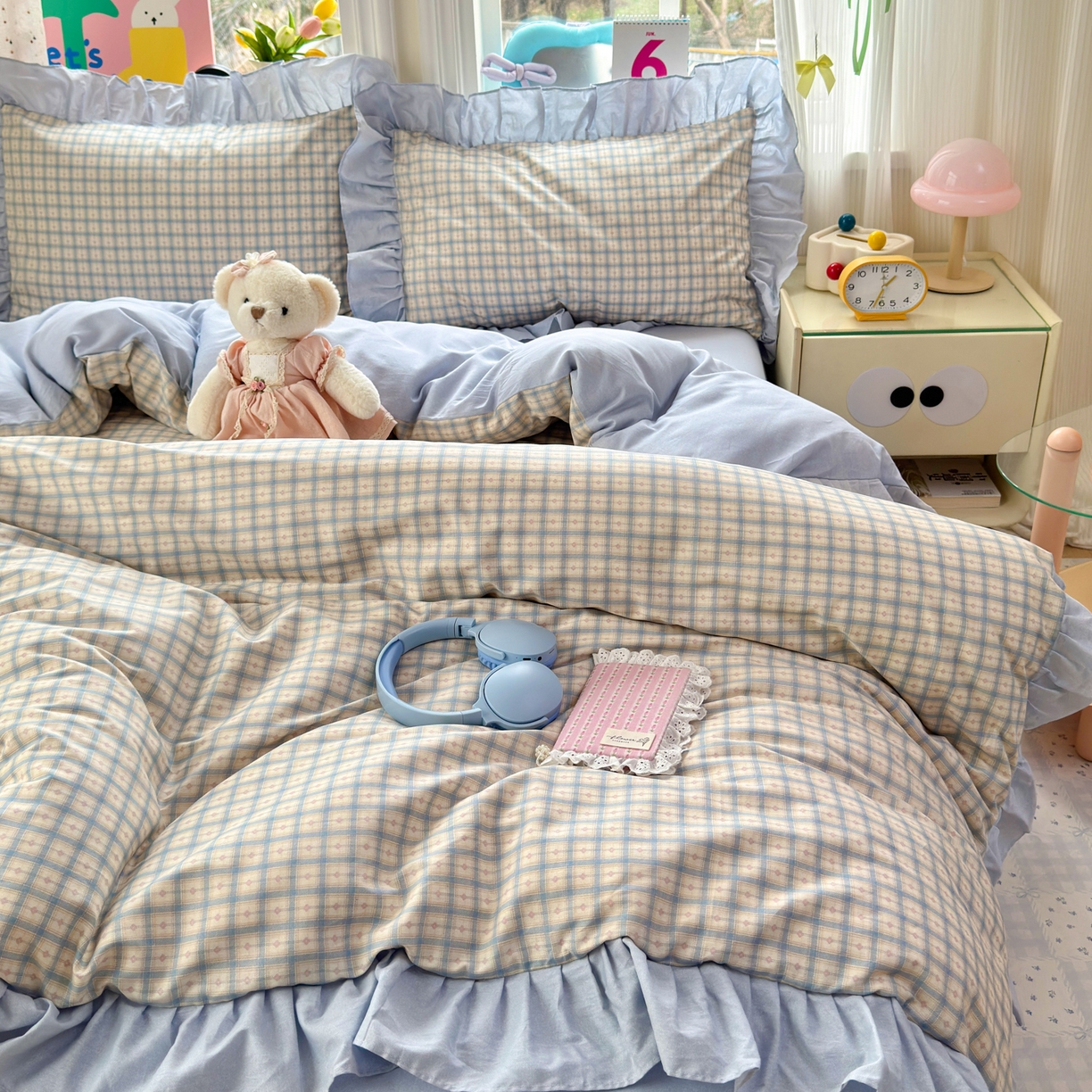 91家纺网 家纺一手货源 找家纺 乐童家纺 2026新款全棉纯棉花边四件套-简约风 格纹小筑