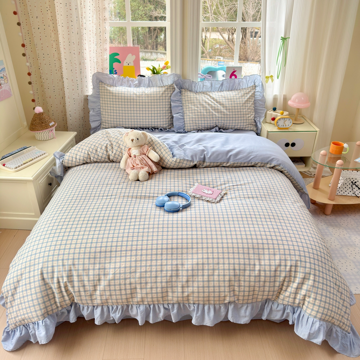 91家纺网 家纺一手货源 找家纺 乐童家纺 2026新款全棉纯棉花边四件套-简约风 格纹小筑