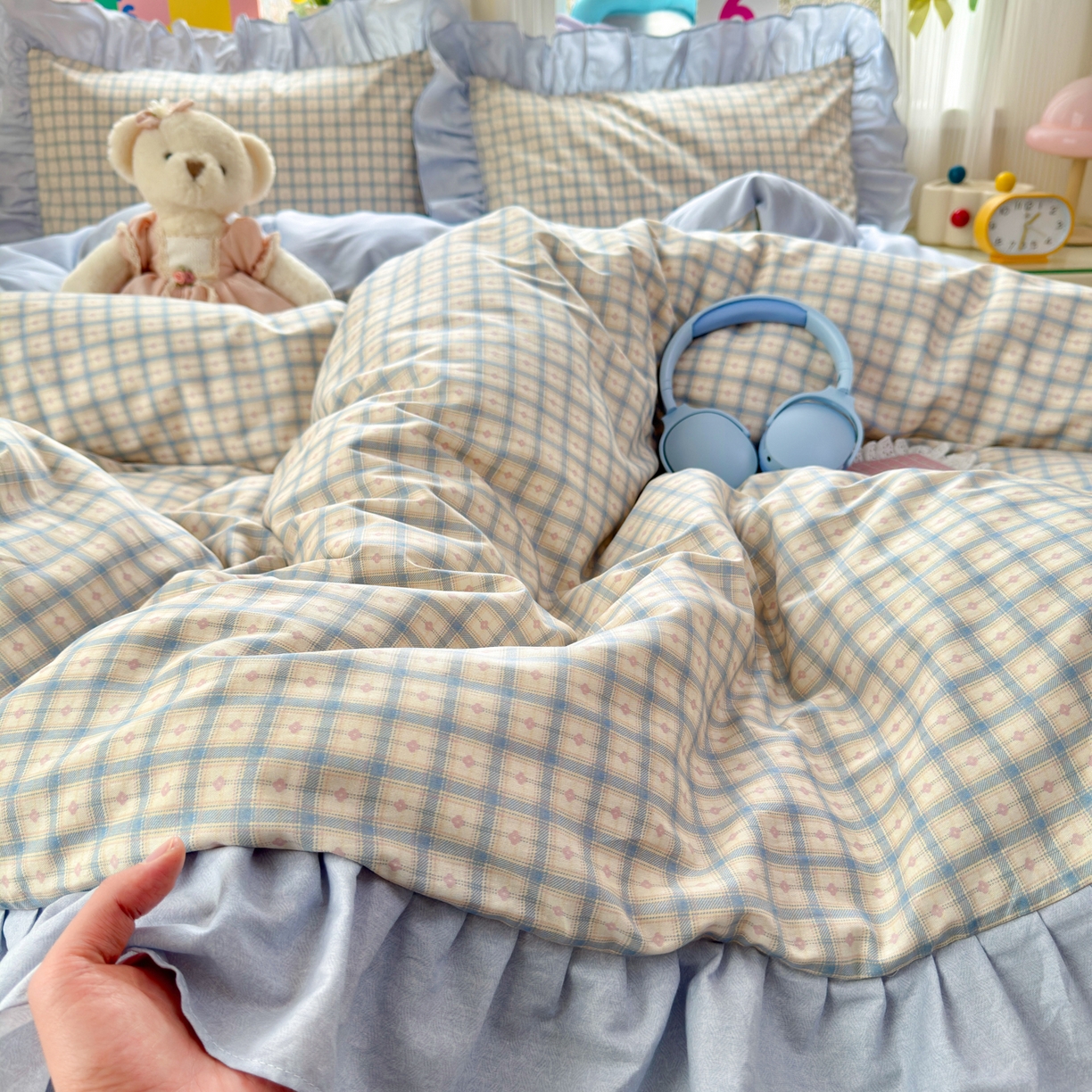 91家纺网 家纺一手货源 找家纺 乐童家纺 2026新款全棉纯棉花边四件套-简约风 格纹小筑