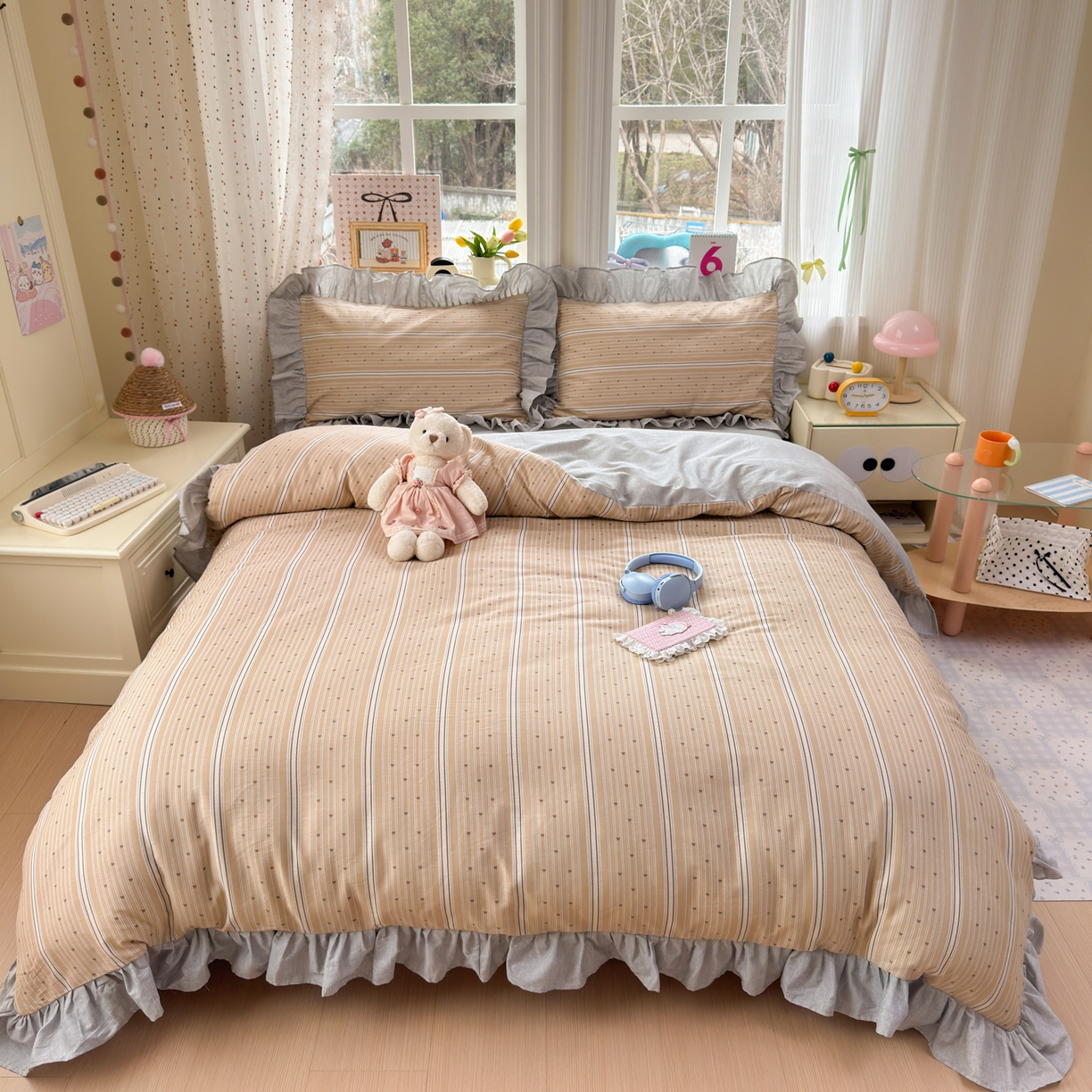 91家纺网 家纺一手货源 找家纺 乐童家纺 2026新款全棉纯棉花边四件套-简约风 电梯星光