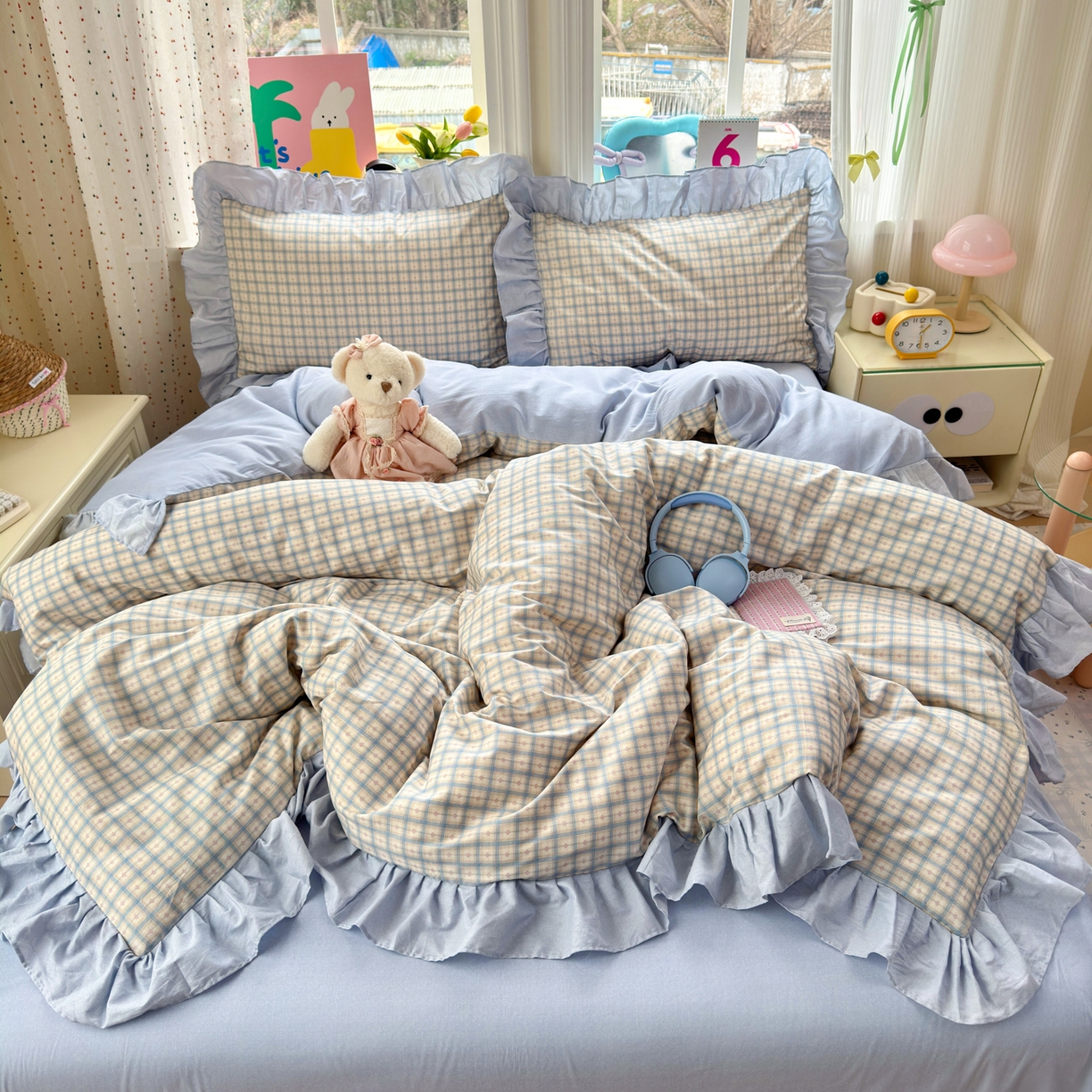 91家纺网 家纺一手货源 找家纺 乐童家纺 2026新款全棉纯棉花边四件套-简约风 格纹小筑