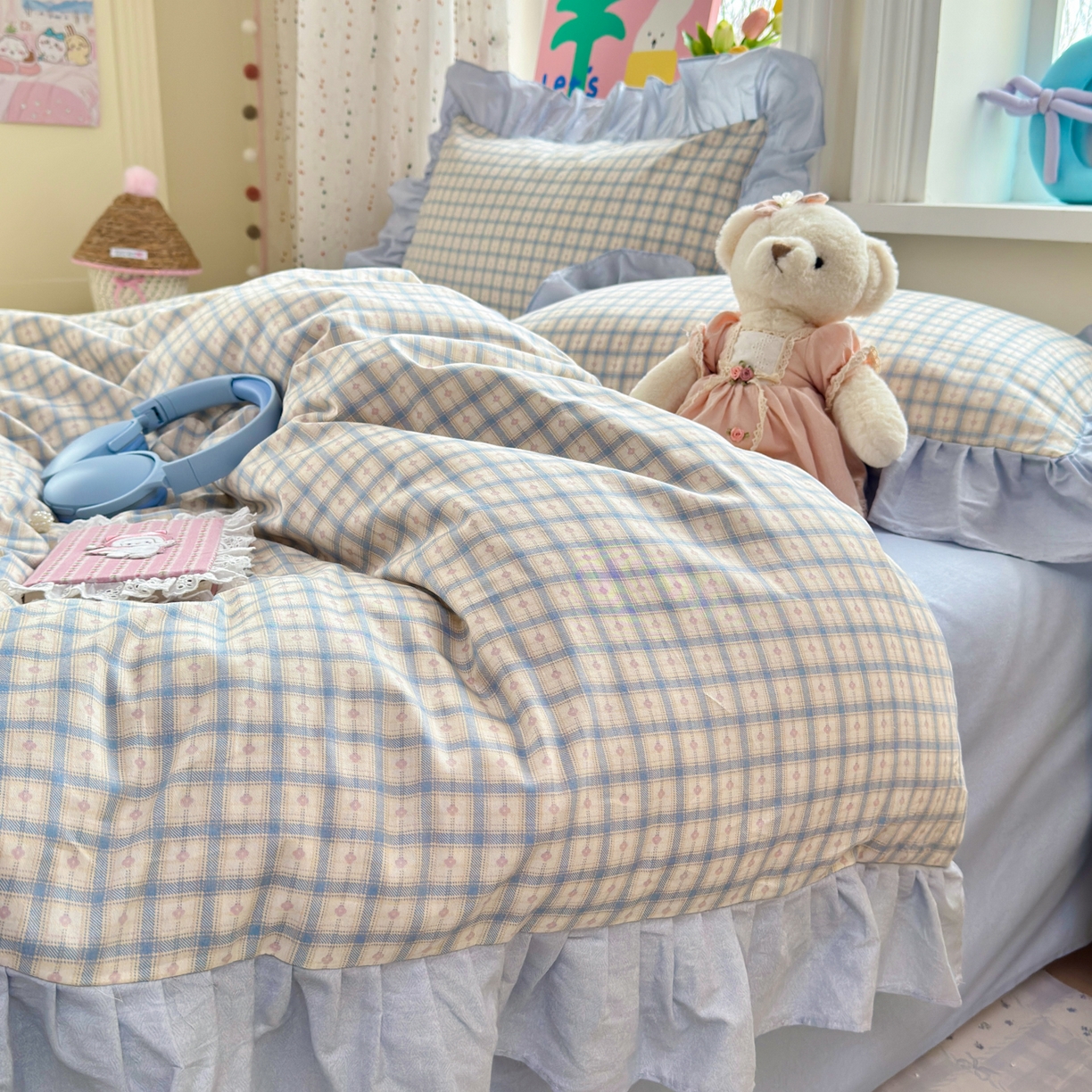 91家纺网 家纺一手货源 找家纺 乐童家纺 2026新款全棉纯棉花边四件套-简约风 格纹小筑