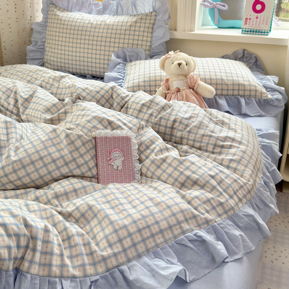 91家纺网 家纺一手货源 找家纺 乐童家纺 2026新款全棉纯棉花边四件套-简约风 格纹小筑