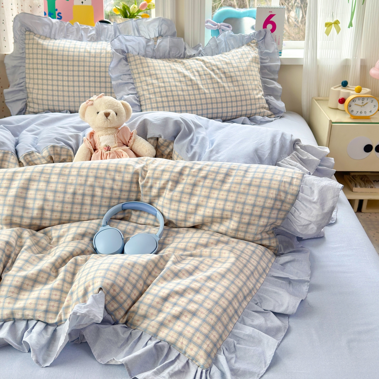 91家纺网 家纺一手货源 找家纺 乐童家纺 2026新款全棉纯棉花边四件套-简约风 格纹小筑