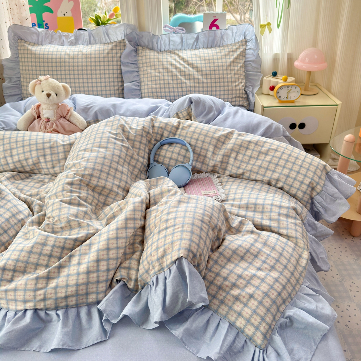 91家纺网 家纺一手货源 找家纺 乐童家纺 2026新款全棉纯棉花边四件套-简约风 格纹小筑