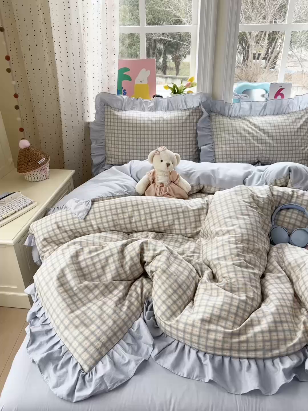 91家纺网 家纺一手货源 找家纺 乐童家纺 2026新款全棉纯棉花边四件套-简约风 格纹小筑