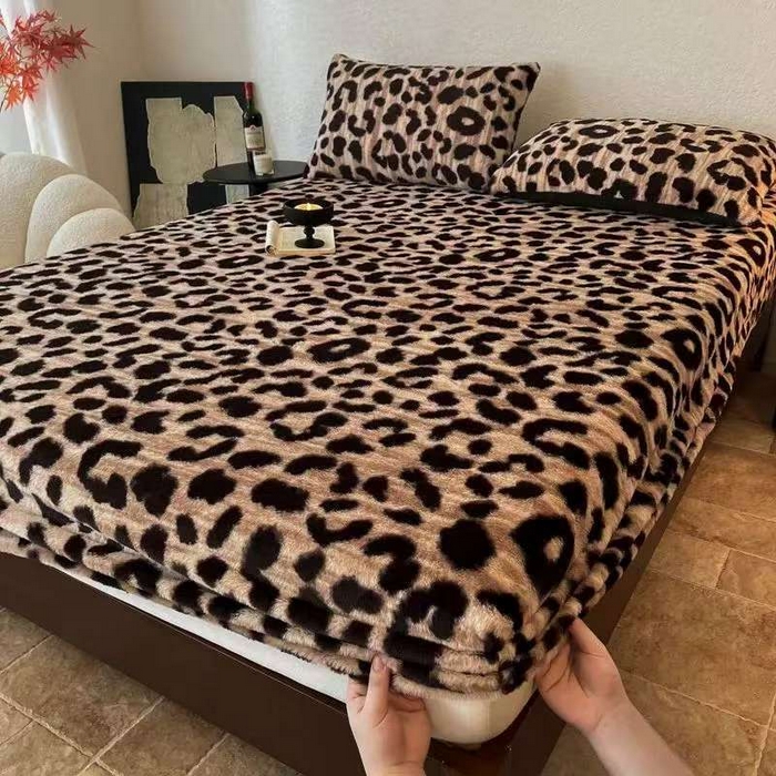 梦纤绒 2026新款兔毛单品床笠单件床笠三件套 豹纹咖