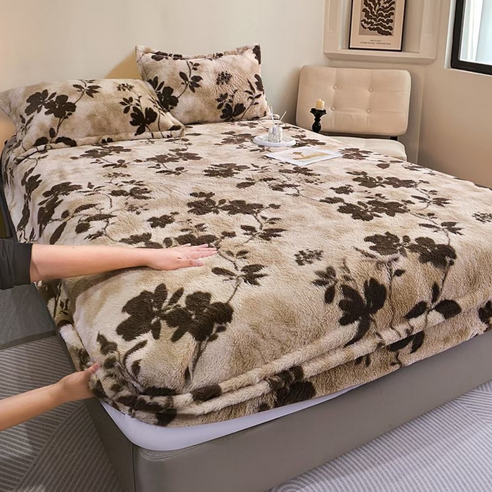 91家纺网 家纺一手货源 找家纺 梦纤绒 2026新款兔毛单品床笠单件床笠三件套 咖啡花朵