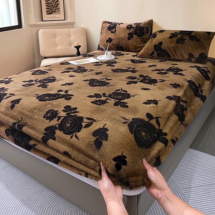 梦纤绒 2026新款兔毛单品床笠单件床笠三件套 黑玫瑰棕