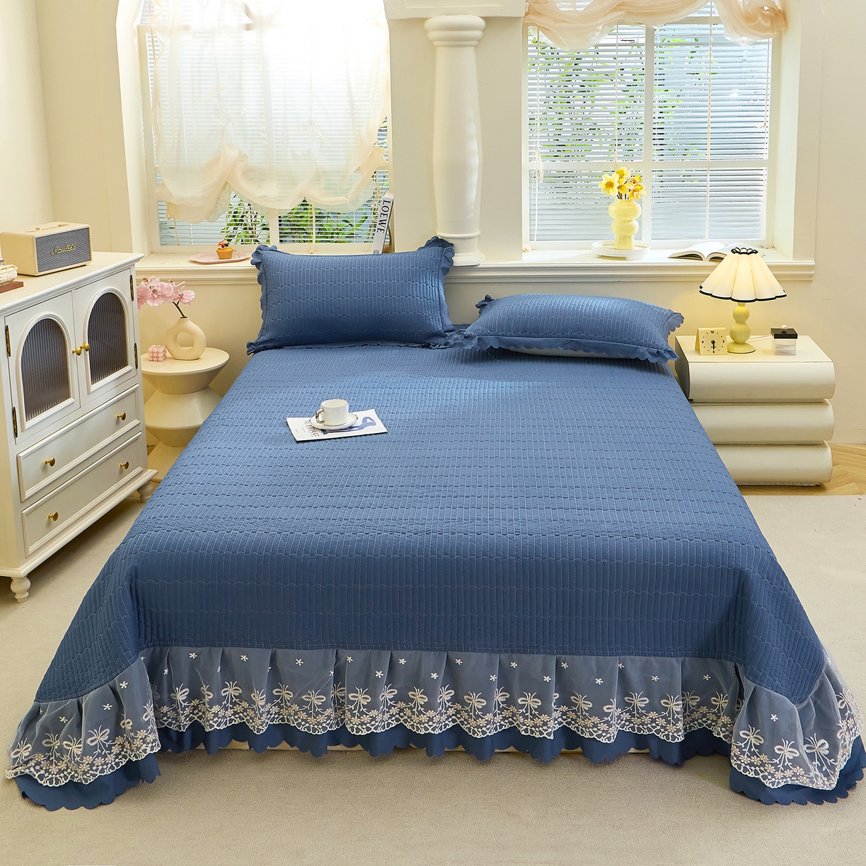 91家纺网 家纺一手货源 找家纺 （总）彩亿家纺 2026新款A类古法水洗仿棉蕾丝床盖三件套