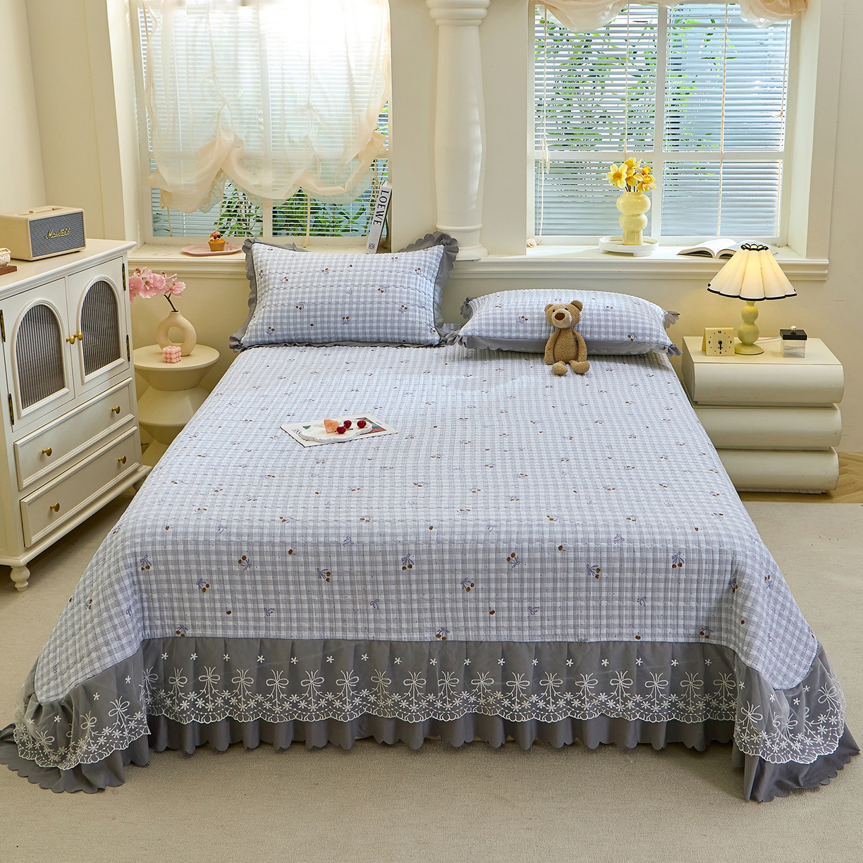 91家纺网 家纺一手货源 找家纺 （总）彩亿家纺 2026新款A类古法水洗仿棉蕾丝床盖三件套